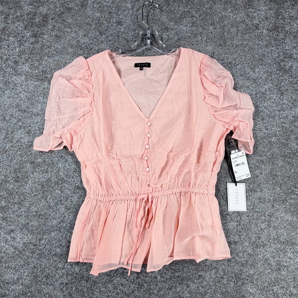 1. State Puff-Sleeve Peplum Top Womens M Rose Pink Stylish V-Neck Button Front